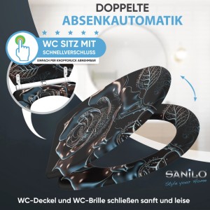 SANILO WC Sitz Black Rose, schwarz mit Absenkautomatik. Abnehmbarer Toilettensitz mit elegantem Muster.
