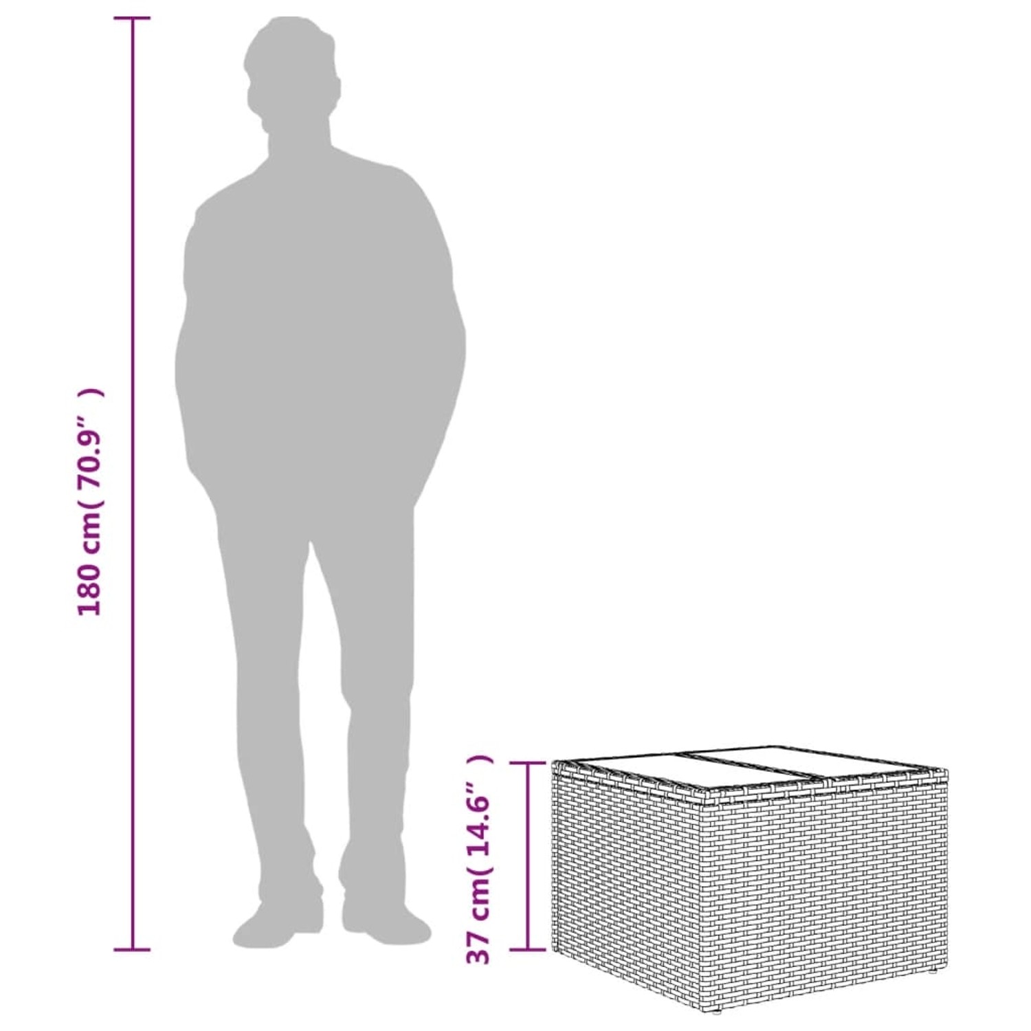 Schwarzer vidaXL Gartentisch mit Glasplatte, 55x55x37 cm, aus Poly Rattan.
