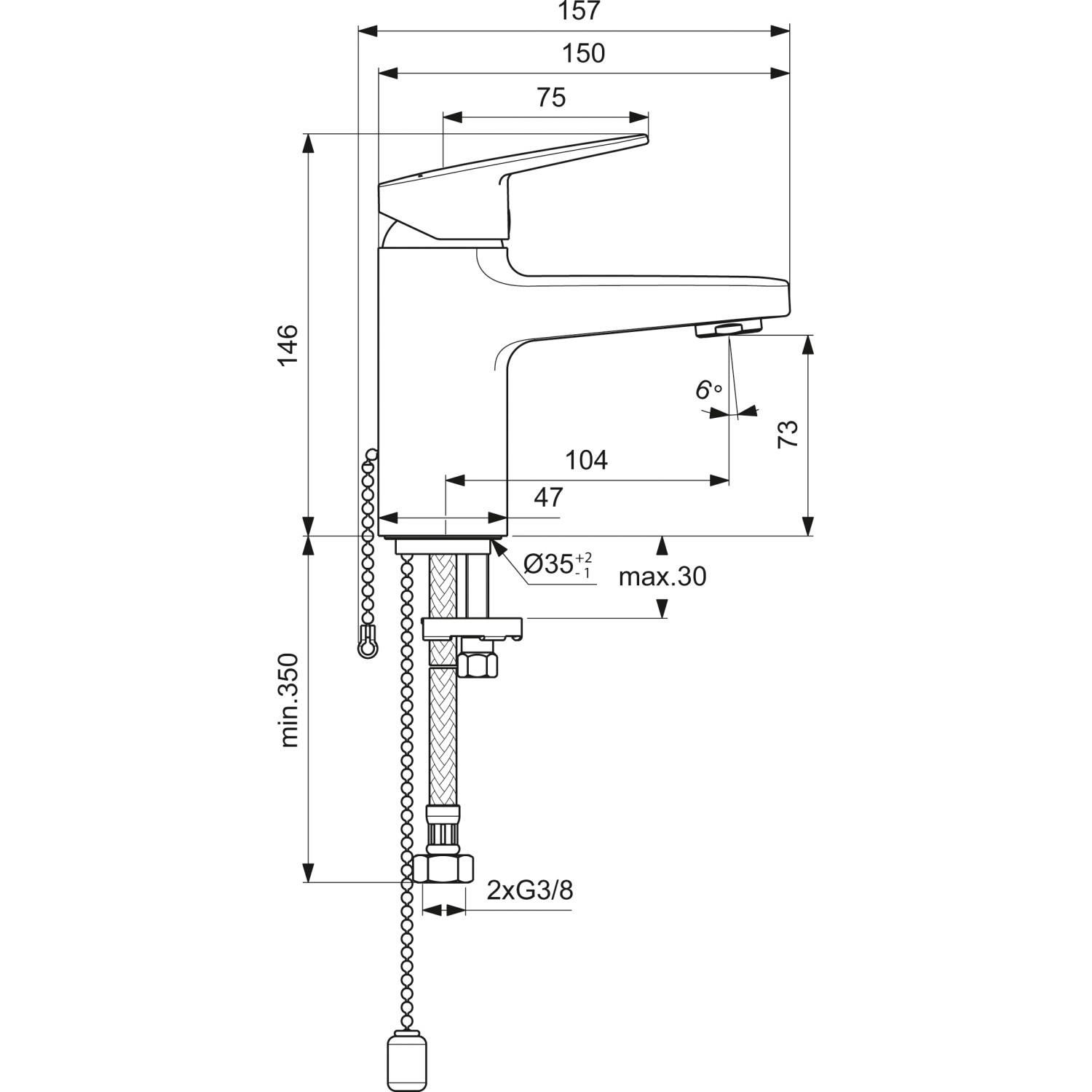 Technische Zeichnung: Ideal Standard Ceraplan Waschtischarmatur Chrom mit Kette, Maße und Anschlüsse.