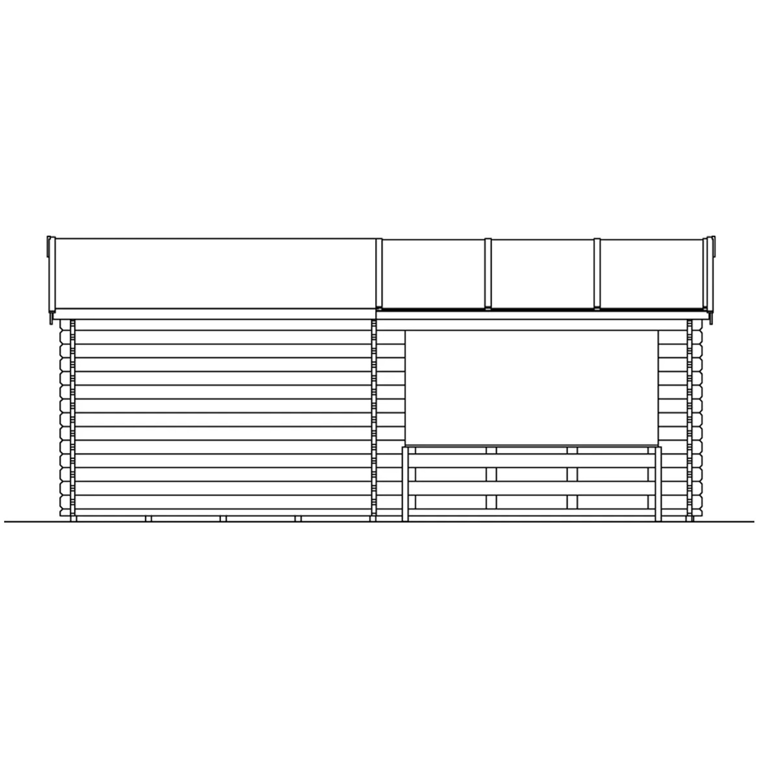 Skizze: Skan Holz Gartenhaus Holmestrand, 380x300 cm, mit Anbau und unbehandeltem Holz.