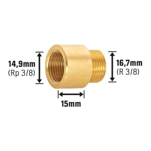 Hahnverlängerung aus Messing, 14,9 mm x 16,7 mm, zur Verlängerung von Armaturenanschlüssen um 15 mm.