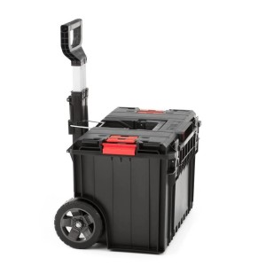 Schwarzer PROREGAL QBRICK Werkzeugtrolley One 50L mit Teleskopgriff und Rädern.