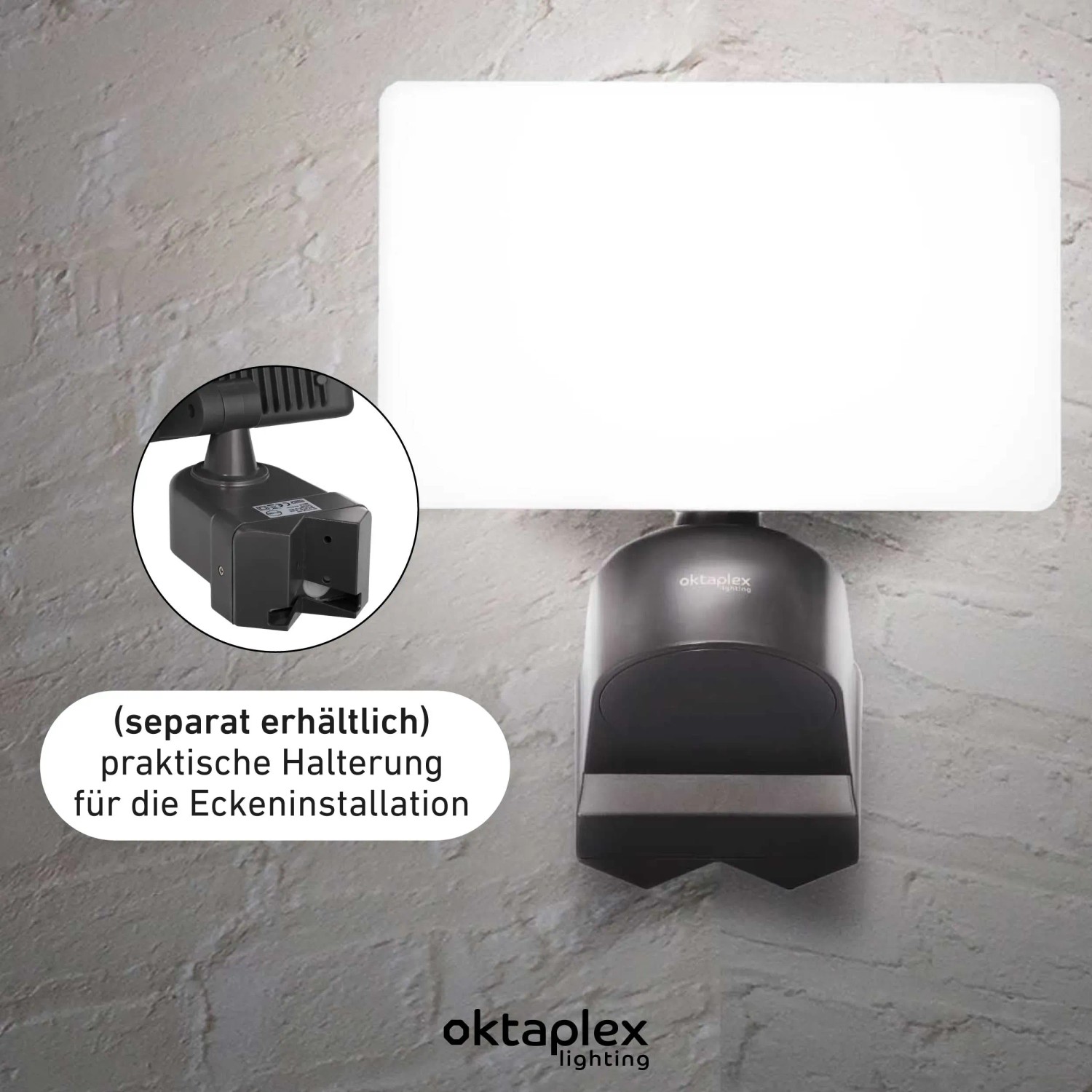 Oktaplex LED Außenstrahler Cali, anthrazit, an Wand montiert. Inklusive optionaler Eckhalterung.