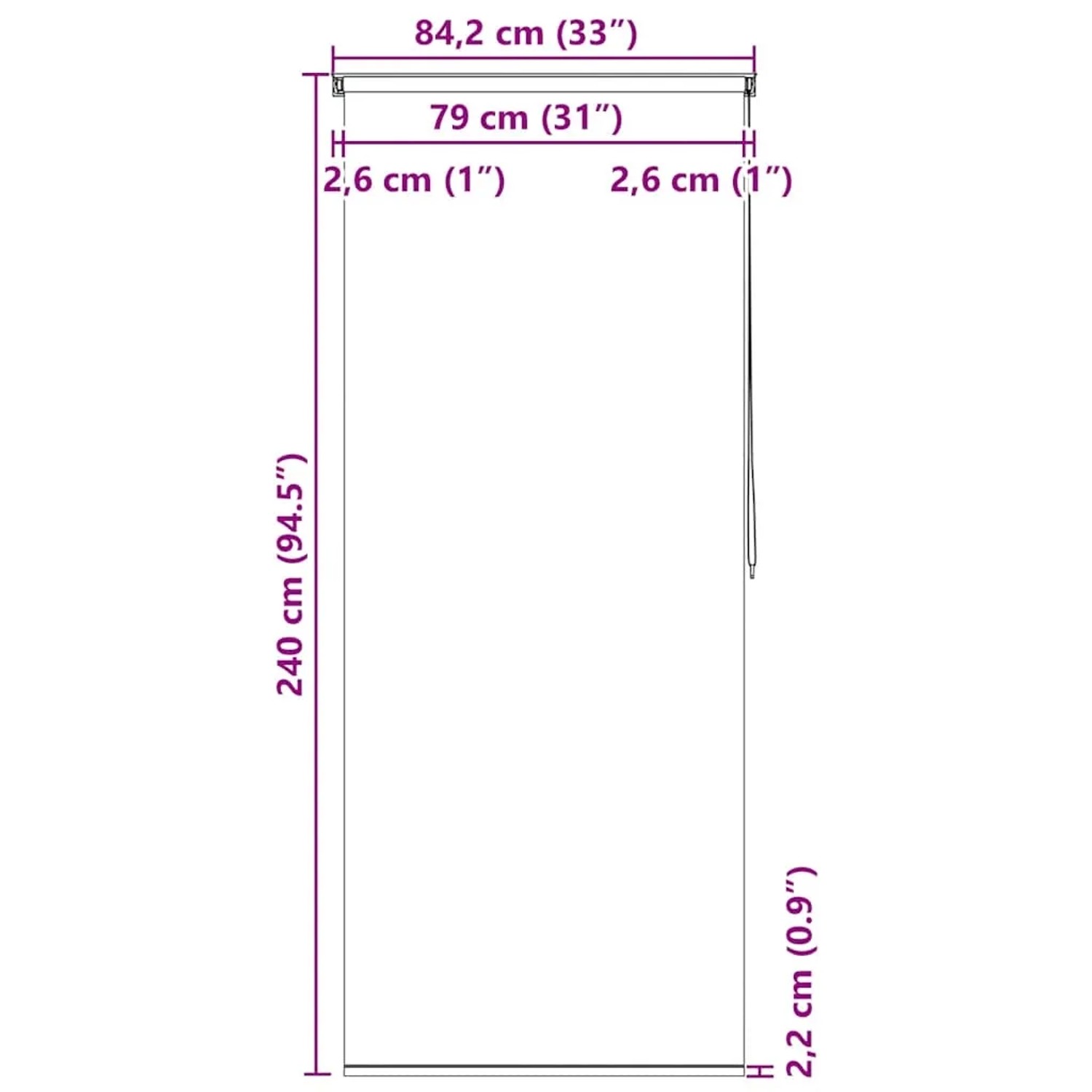 Maßzeichnung vidaXL Duschrollo 80x240 cm. Gesamtbreite 84,2 cm, Stoffbreite 79 cm, Höhe 240 cm.