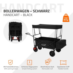 Schwarzer Hauki Bollerwagen L mit Dach, faltbarer Transportwagen für Camping und Freizeit.