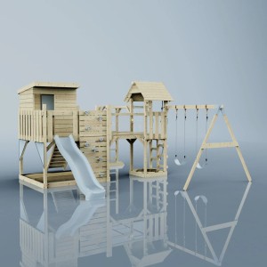 Holz-Spieltum Malou mit Schaukel, Rutsche und Kletterwand in Eisblau für den Garten.