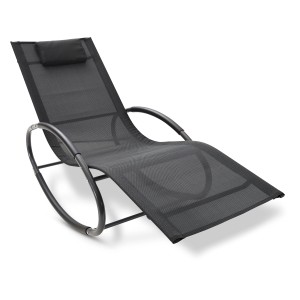 Schwarze Leco Schaukelliege Mila mit Kopfkissen, ergonomisch geformte Sonnenliege für Garten und Balkon.
