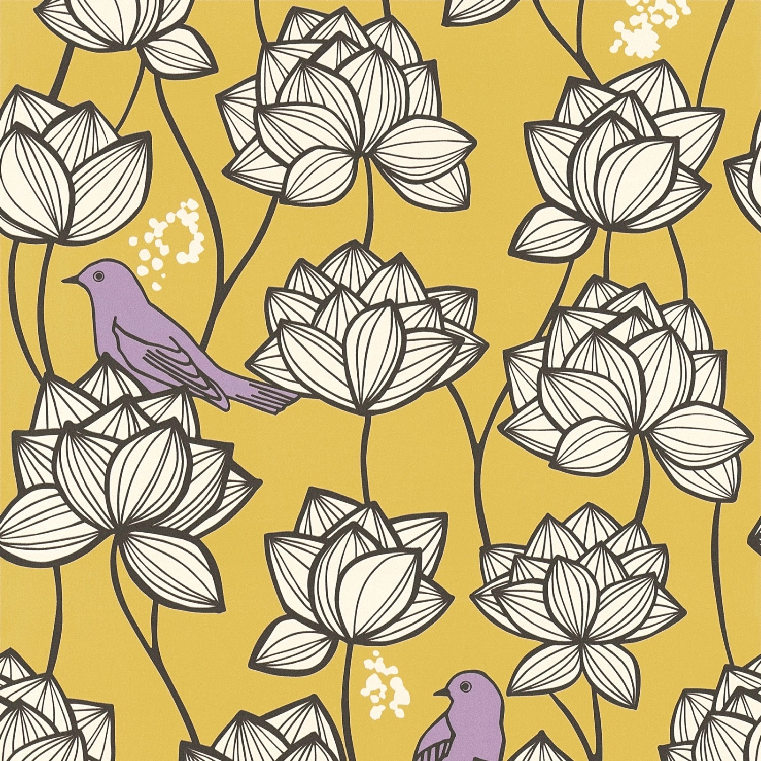 Bricoflor Vogel Tapete in Senf Gelb Skandinavische Blumentapete mit Kolibri in Flieder Lila Moderne Vliestapete mit Muster im 20er Jahre Stil