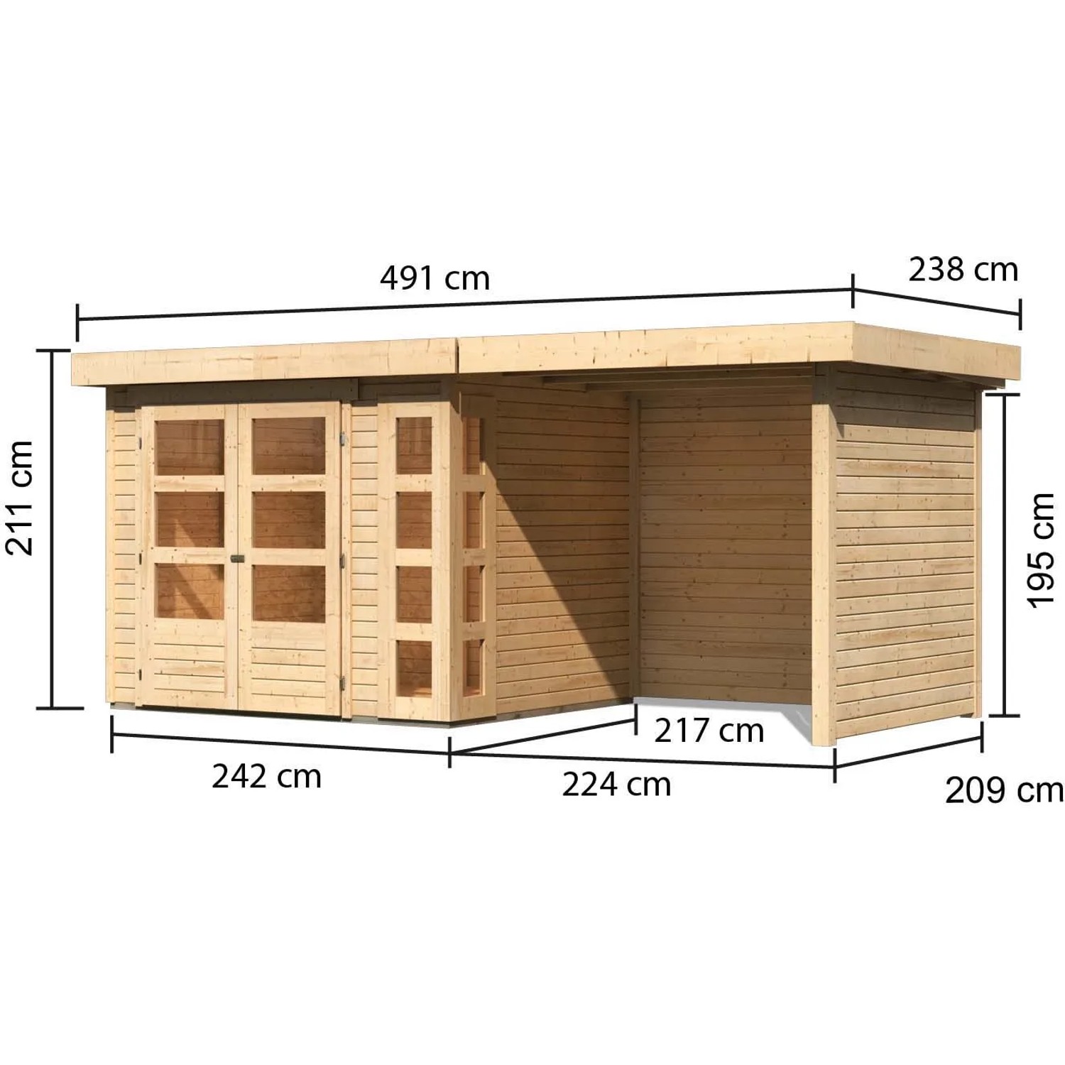 Karibu Holz-Gartenhaus Sölve Natur, unbehandelt, mit Maßangaben. Flachdach Gartenhaus.