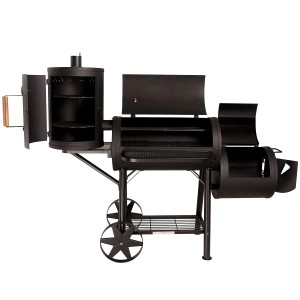 Schwarzer Taino Yuma Pro Smoker Grillwagen mit Räucherbox und Ablage.