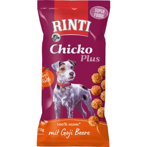 Rinti Chicko Plus Superfood Rolls Huhn mit Goji Beeren, Hunde-Snack in pinker Verpackung.