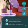 Eglo LED-Lavatischleuchte in Silber mit violetter Flüssigkeit und rotem Wachs, leuchtend auf einem Tisch.