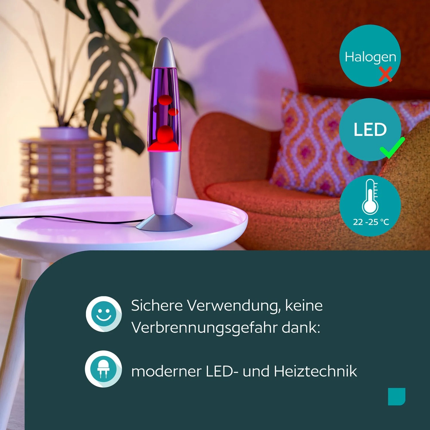 Eglo LED-Lavatischleuchte in Silber mit violetter Flüssigkeit und rotem Wachs, leuchtend auf einem Tisch.