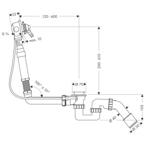 Technische Zeichnung: Hansgrohe Exafill Grundkörper für Wanneneinlauf mit Ab- und Überlaufgarnitur, Maße und Details.