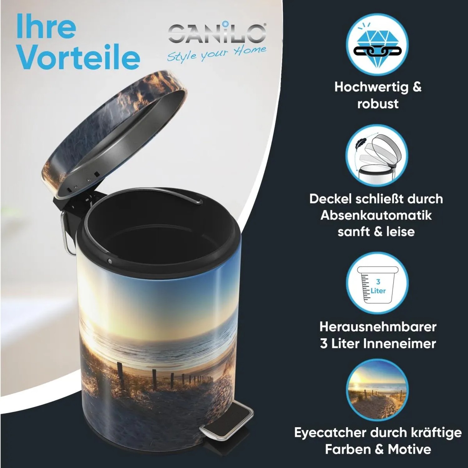 SANILO Kosmetikeimer Düne mit Strandmotiv, 3 Liter Volumen und Fußpedal.