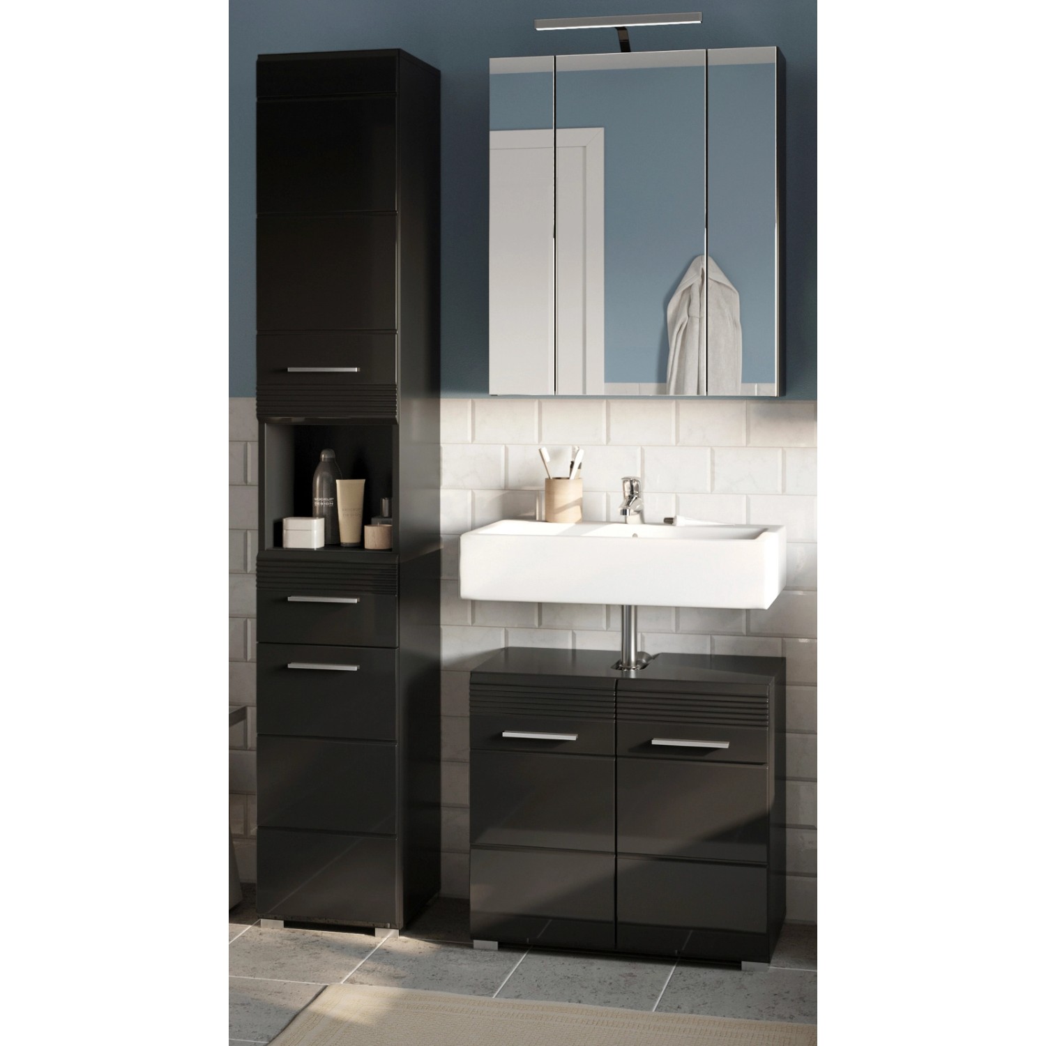 Inn.Furn Badmöbel-Set Schwarz Hochglanz 3-teilig 105 cm 17 Fächer Leon günstig online kaufen