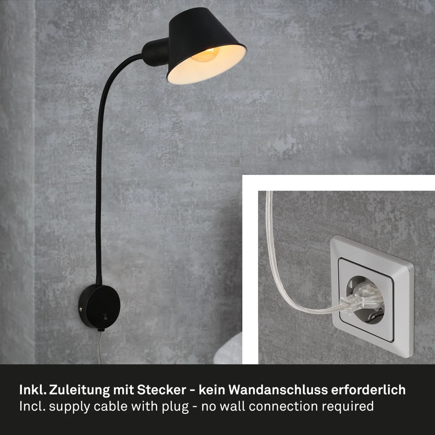 Schwenkbare, schwarze Briloner Bettleuchte mit Schalter, Ø 8 cm x 55 cm. Flexibel und modern.