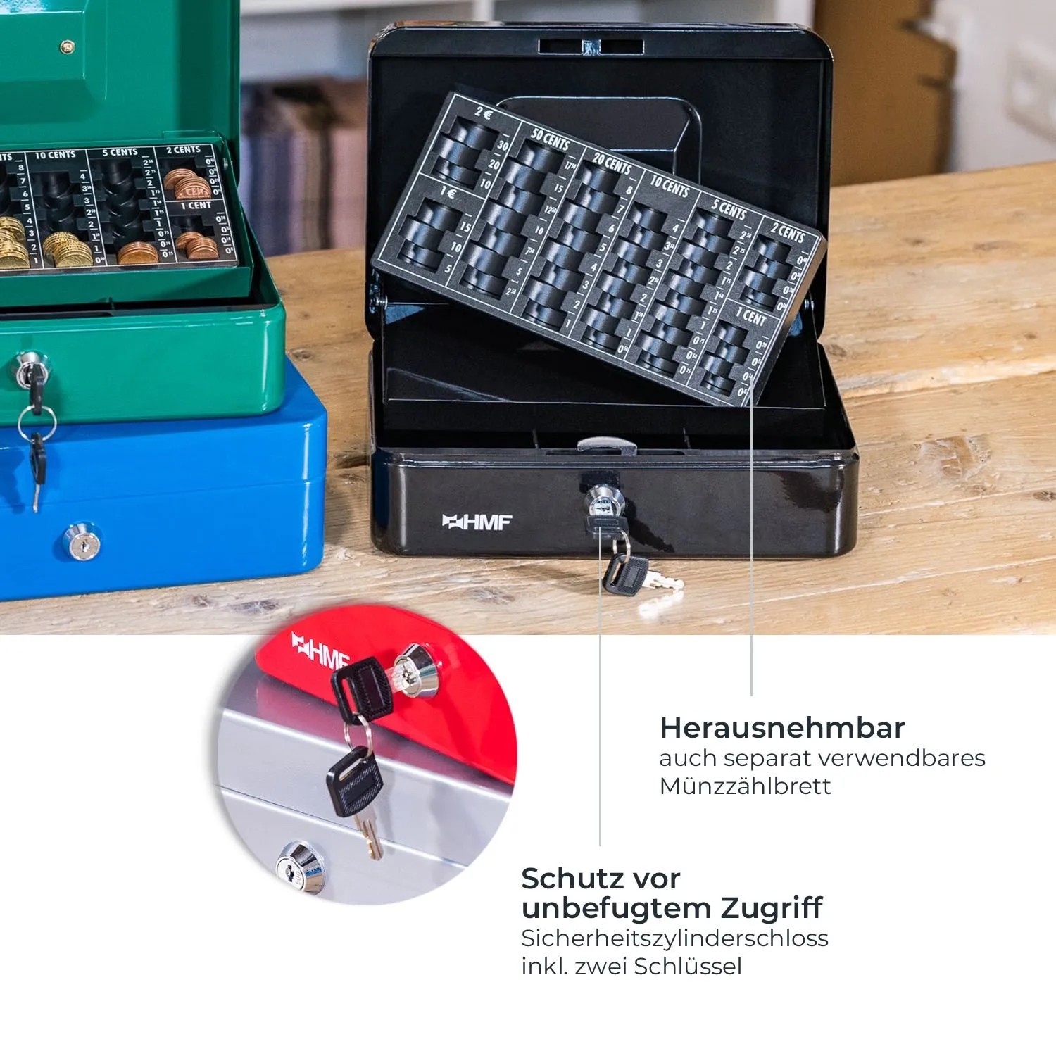 Schwarze HMF Geldkassette mit Münzzählbrett und Geldscheinfächern, abschließbarer Tresor für Bargeld.
