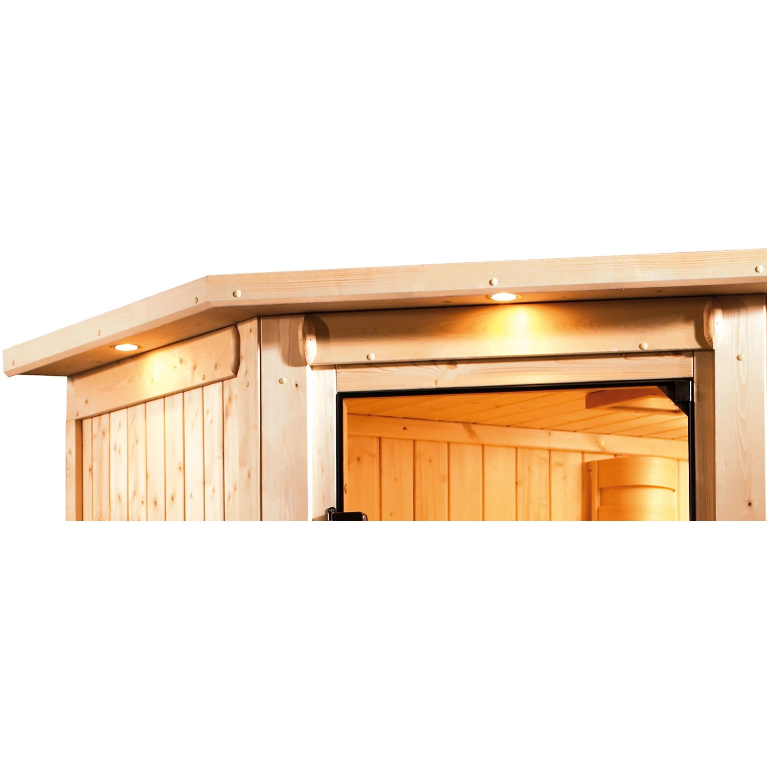 Detailansicht der Karibu Sauna Swenna mit Dachkranz und Graphit-Tür. Holzverkleidung und Beleuchtung.