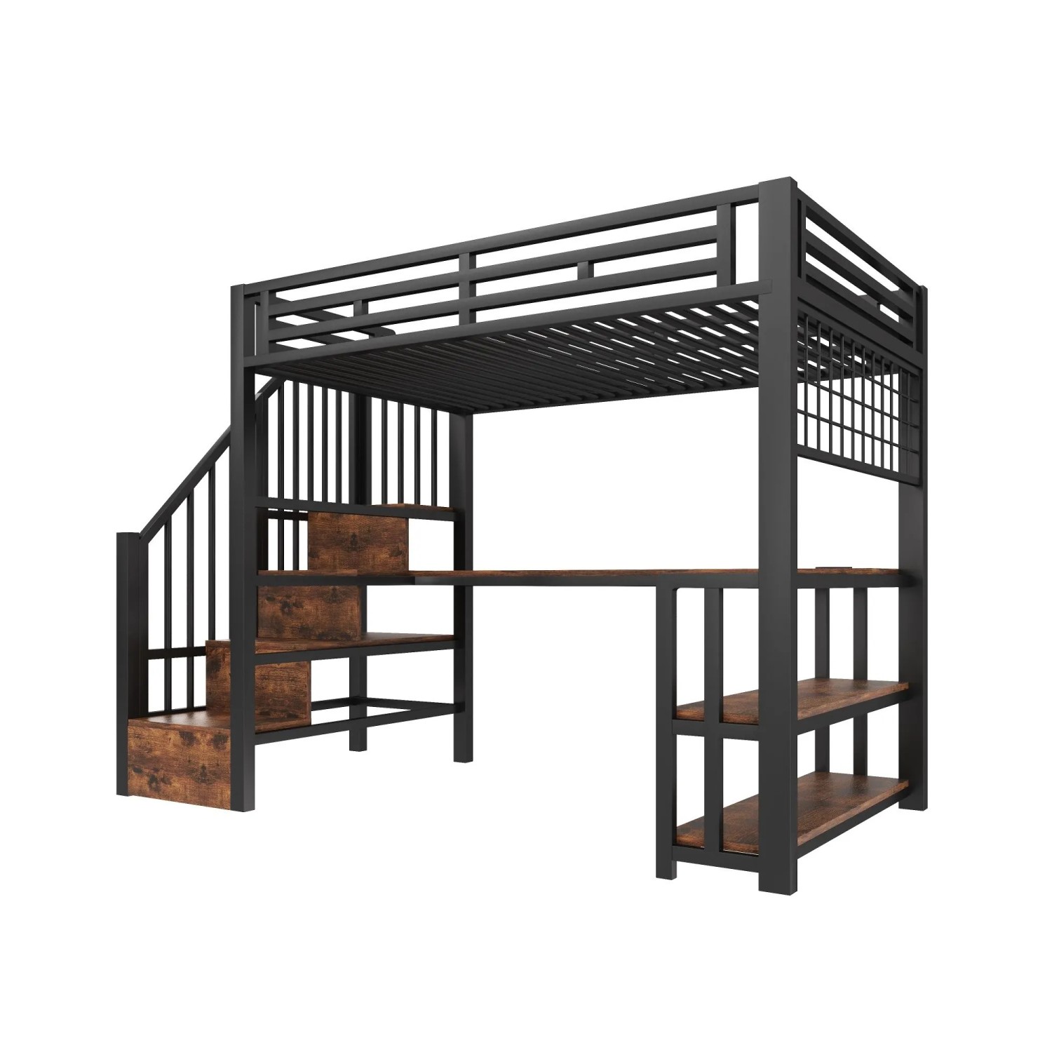 okwish Hochbett 90x200cm mit Schreibtisch USB und Stauraum Schwarz ohne Matratze