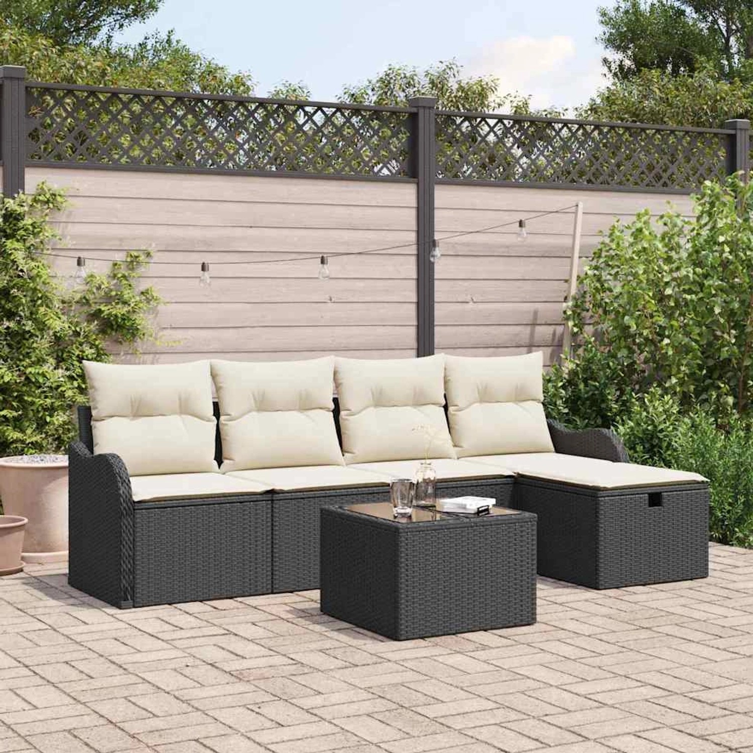 vidaXL Garten-Sofa-Set, 6-teilig, schwarz, Poly Rattan mit Tisch und beigen Kissen.