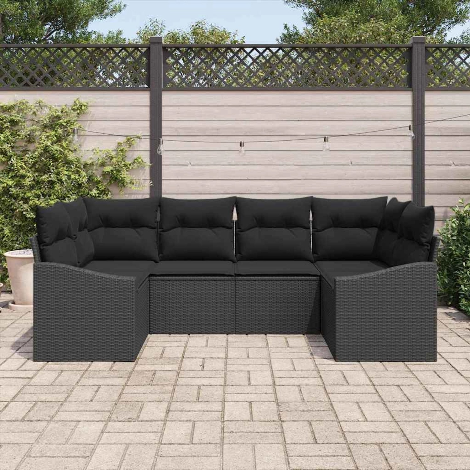 Schwarzes 6-teiliges Garten-Sofa-Set aus Poly Rattan von vidaXL für Terrasse und Garten.