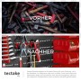 Tectake Kleinteilemagazin: Vorher/Nachher-Vergleich mit Wandplatten und roten/schwarzen Stapelboxen.