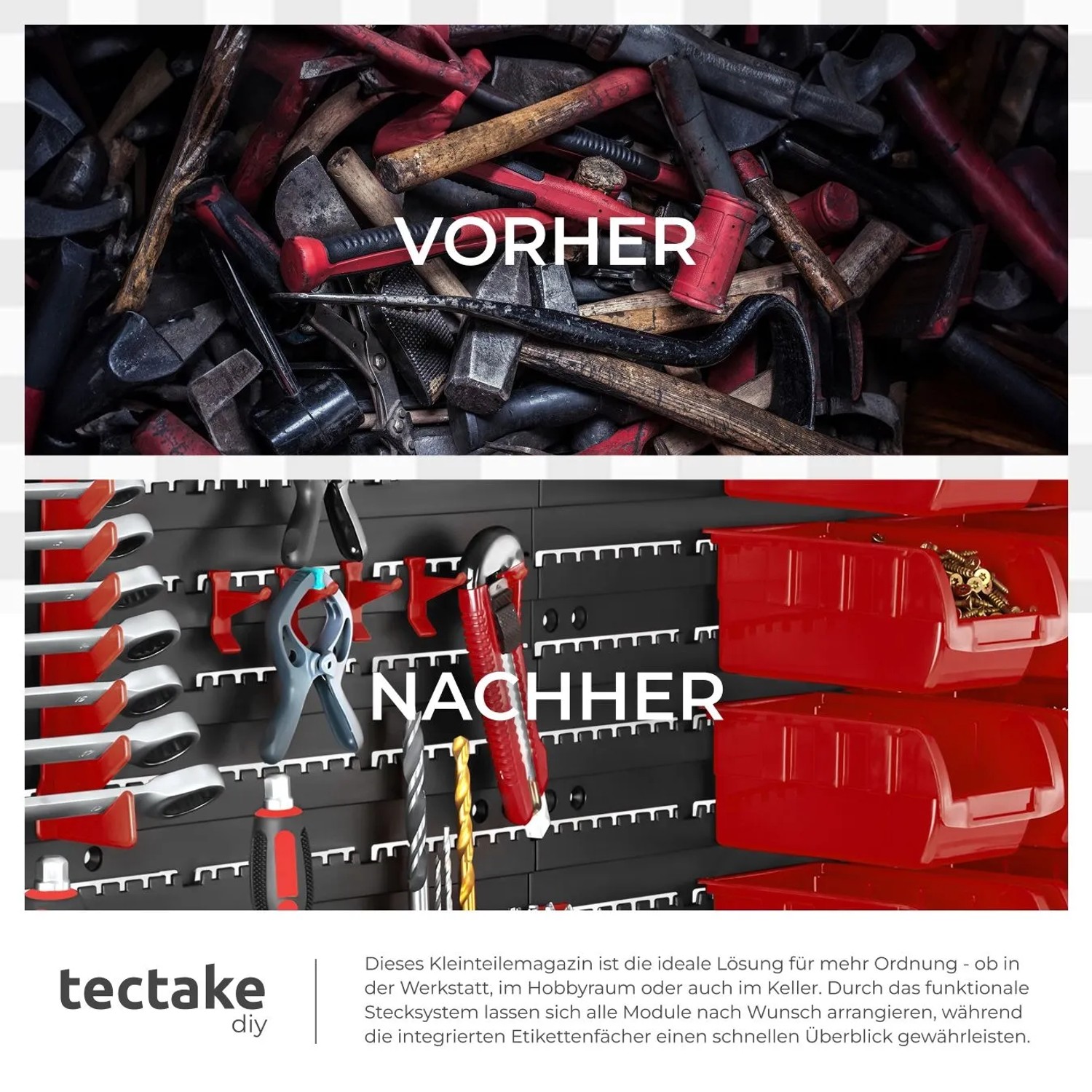 Tectake Kleinteilemagazin: Vorher/Nachher-Vergleich mit Wandplatten und roten/schwarzen Stapelboxen.