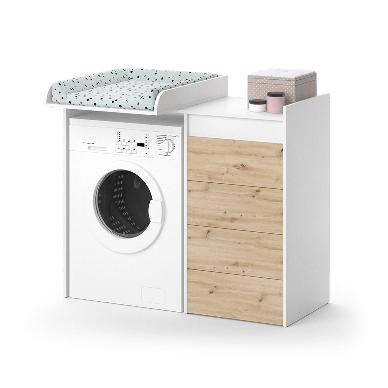 Vicco Waschmaschinenschrank Alf, weiß/Eiche, 116x98 cm, mit 4 Schubladen und Wickelaufsatz.