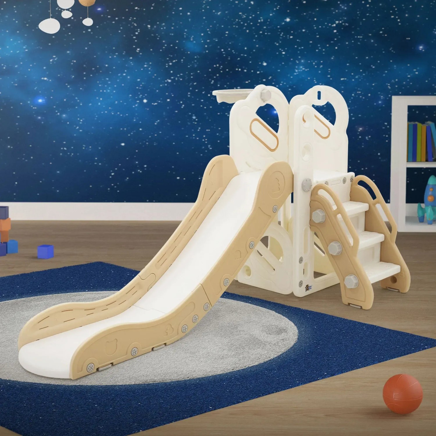 Joyz Kinderrutsche 3in1 in Weiß-Beige mit Turm und Basketballkorb aus Kunststoff.