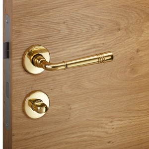 SOTECH Türdrücker FREJA Messing poliert, Rosettengarnitur für Bad/WC. Eleganter goldener Türgriff auf heller Holztür.
