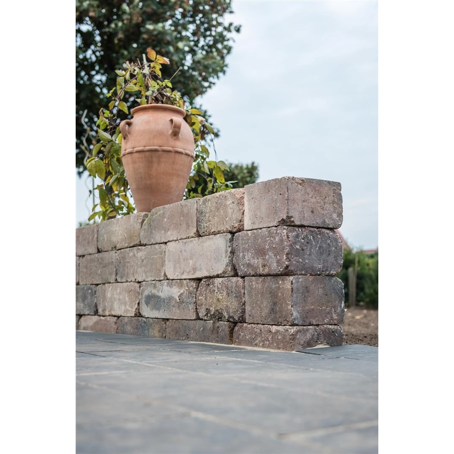 Mauer aus Diephaus Mauersteinen Collo Herbstlaub mit Pflanzgefäß. Einfassung für Garten und Terrasse.