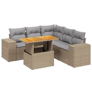 Beige 6-tlg. vidaXL Garten-Sofagarnitur aus Rattan mit hellgrauen Kissen und höhenverstellbarem Tisch.