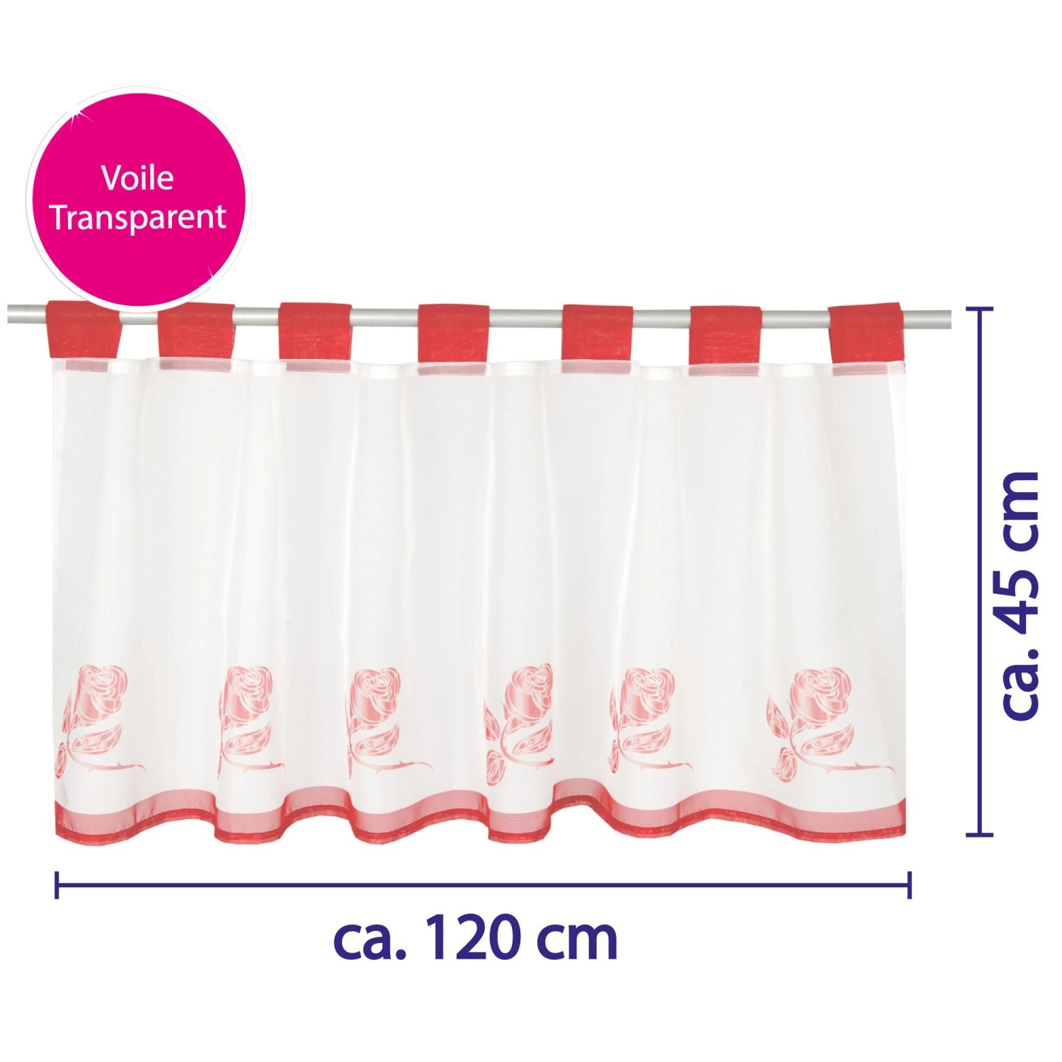 Bistrogardine Angie Rose, 45x120 cm, mit roten Schlaufen und Rosenmuster, aus Voile, für Fenstervorhänge.