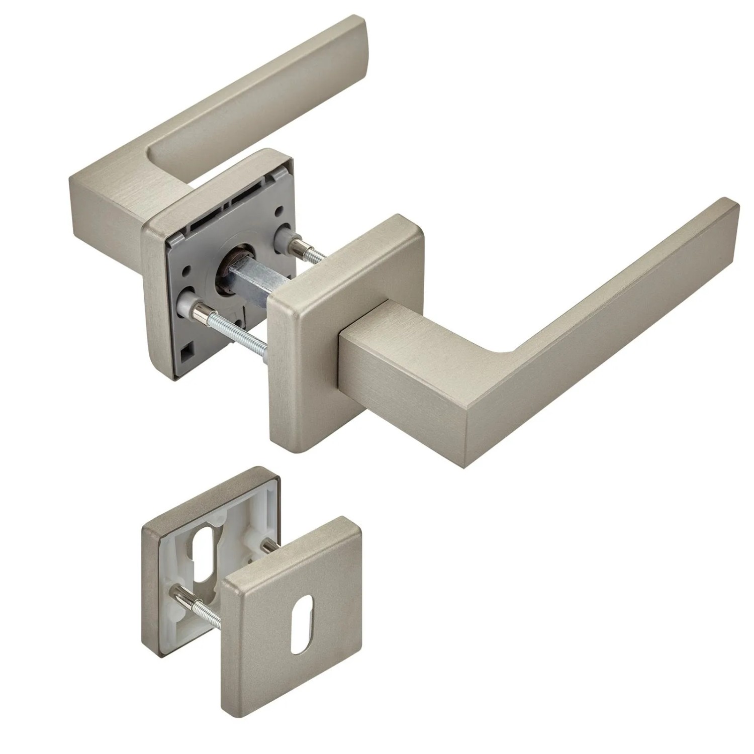 SOTECH Türdrückergarnitur CUBE Edelstahloptik Matt Rosette Buntbart mit Befestigungsmaterial