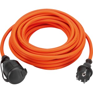 Orangefarbenes Verlängerungskabel für Außen, 10 m, mit Schutzkontaktstecker und -kupplung.