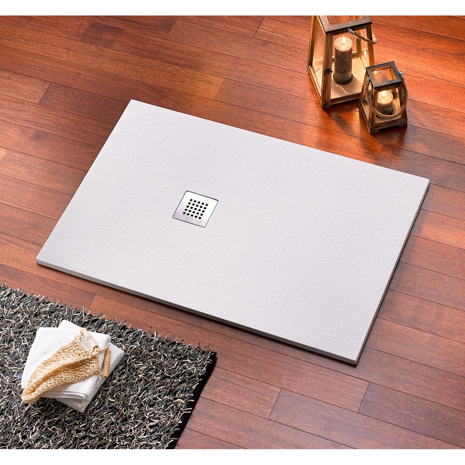 Rechteckige, weiße Ottofond Duschwanne Strato, 100x80 cm, aus Mineralguss mit Ablaufgarnitur.