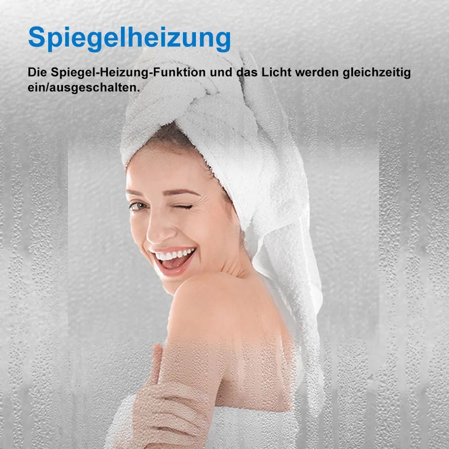 Frau vor Aica Sanitär Badspiegel 120x80 mit Beschlagfrei-Funktion und LED-Beleuchtung.
