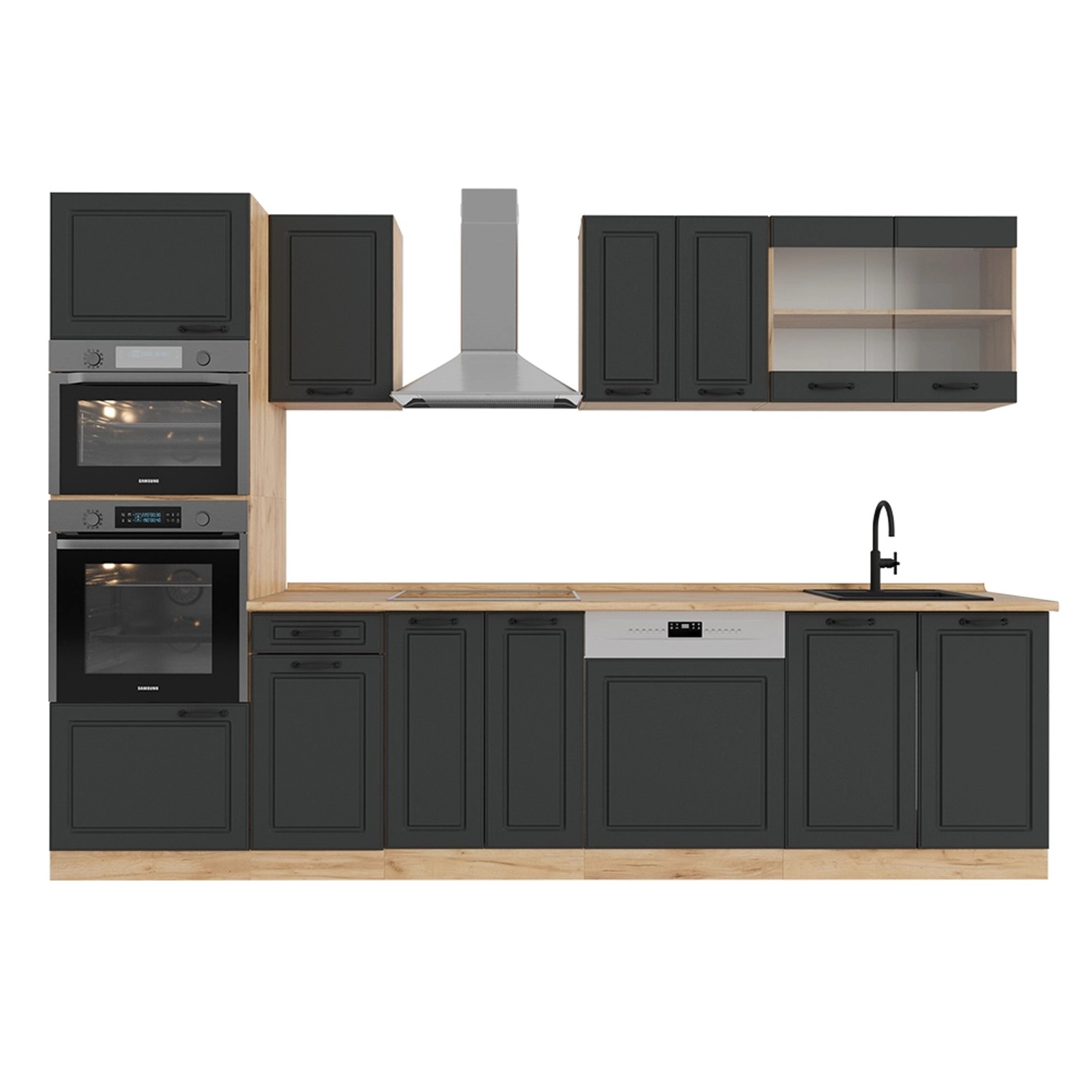 Vicco R-Line Küchenzeile Anthrazit Landhaus/Goldkraft Eiche 300 cm mit Hoch günstig online kaufen