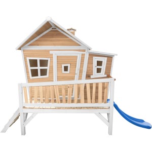 Axi Emma Spielhaus mit Rutsche, braun-weiß. Holzspielhaus mit Leiter, Veranda und blauer Rutsche.