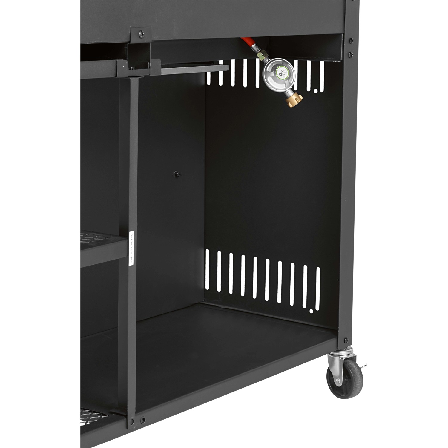 Detailansicht Jamestown Kombigrill Drake: Unterbau mit Gasflaschenhalterung und Ablageflächen.