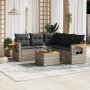 Graue 6-tlg. vidaXL Garten-Sofagarnitur aus Polyrattan mit Kissen und Tisch.
