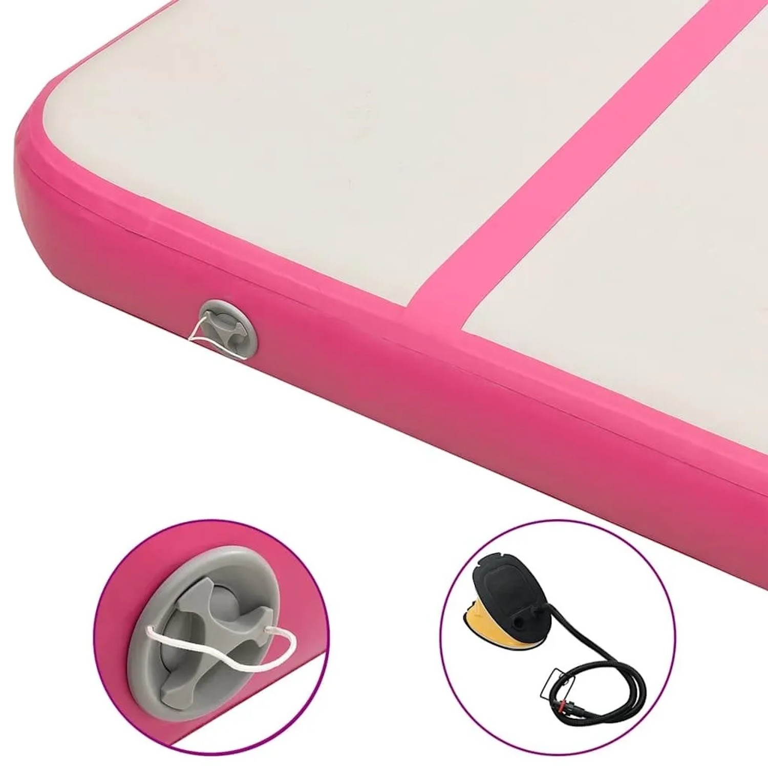 Aufblasbare Gymnastikmatte in Rosa-Weiß aus PVC, 300x100x15 cm, mit Ventil und Fußpumpe für Sport & Fitness.
