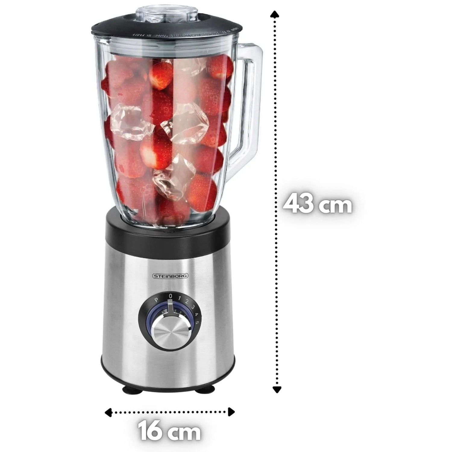 Steinborg Standmixer SB-7020 aus Edelstahl mit Erdbeeren und Eiswürfeln im Glasbehälter.