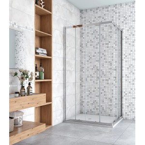 Eckdusche: Duschkabine 90x70cm mit Schiebetür, 6mm ESG Glas, chromfarbener Rahmen, Eckeinstieg.