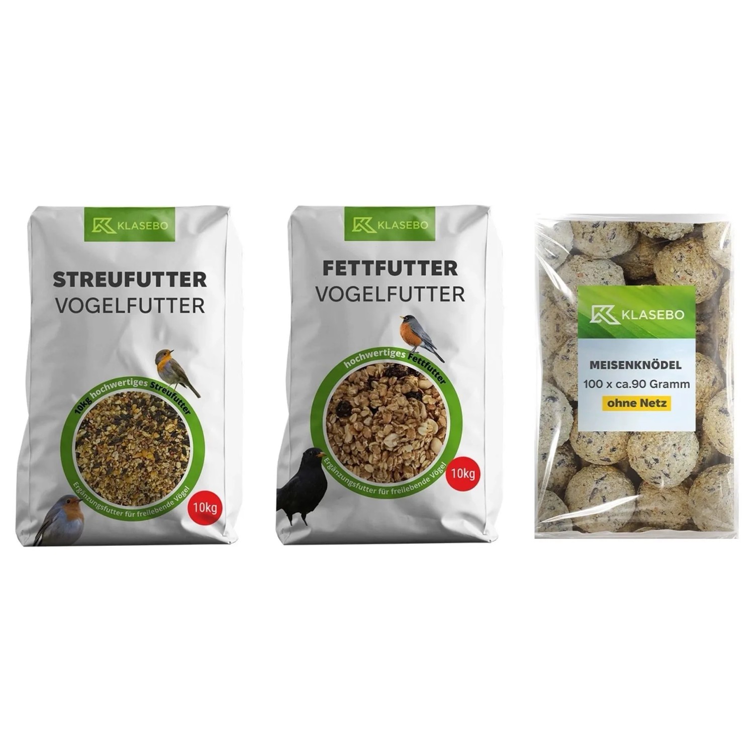 KLASEBO Vogelfutter Ganzjahres-Set Streufutter 10 kg Fettfutter 10 kg Insektenfettbällchen 100 Stück ohne Netz