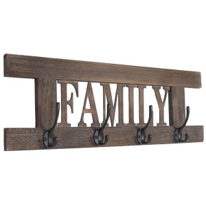 Wandgarderobe C60 Family im Shabby-Look Braun mit 4 Haken und Schriftzug "Family".