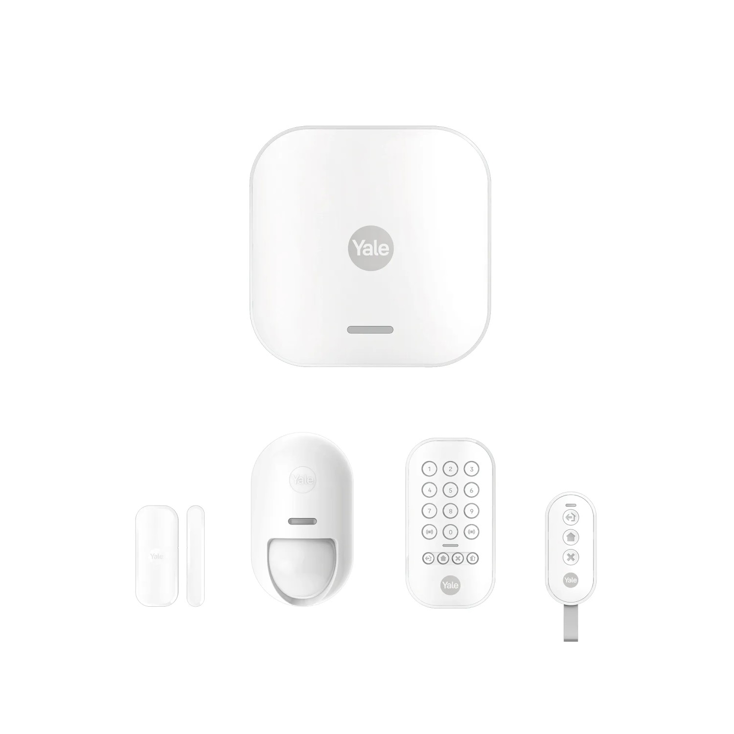 Yale Alarmanlage Smart Alarm Starterkit: Hub, Bewegungsmelder, Türsensor, Keypad und Fernbedienung.