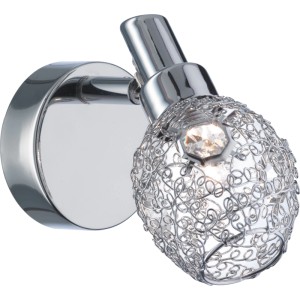 Chromfarbener Halogen-Spot Rocca mit Drahtgeflecht und Glaskristallen.