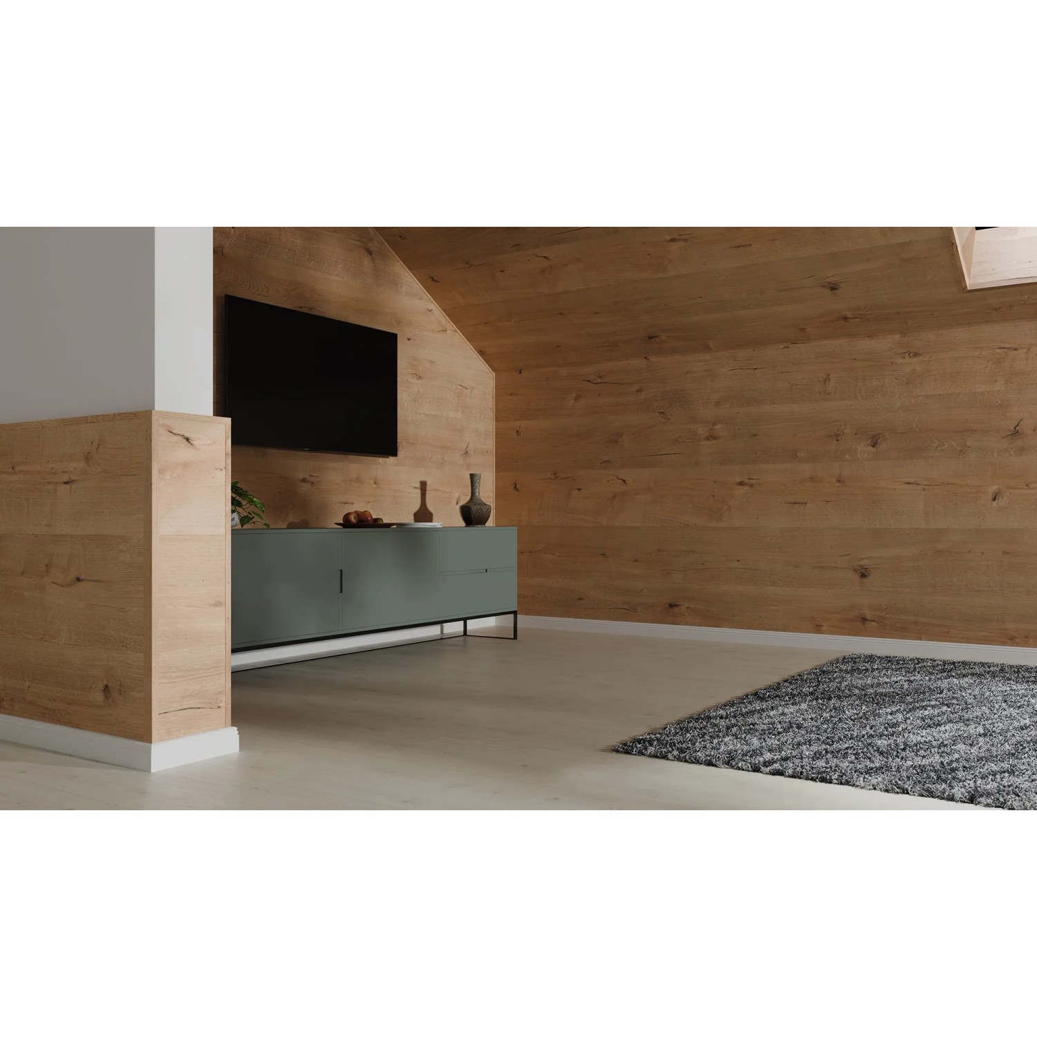 Egger Decowall DO008 Loveland Eiche Dekor-Paneele an Wand im Wohnraum.